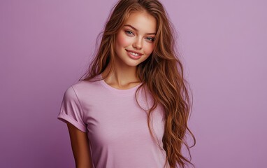 Obraz premium Beauty girl smiling and wearing a t-shirt in studio color background