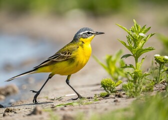 Fototapeta premium Macro Close-up of Western Yellow Wagtail Walking Towards Camera