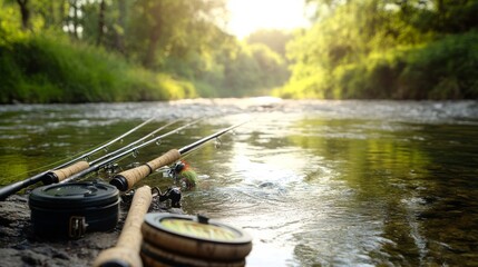 Obraz premium A serene fly fishing setup by a tranquil river, Fishing rods and flies neatly arranged, Elegant outdoor style