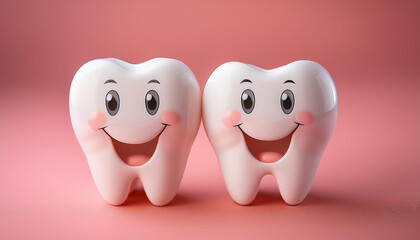 Obraz premium Two cartoon teeth, pink backdrop. Health and dental hygiene concept.