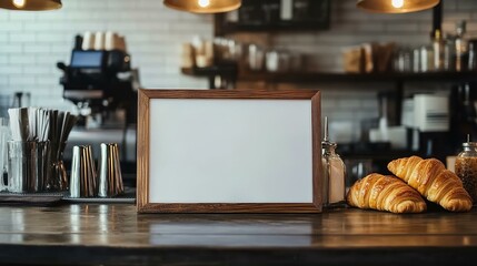 Blank advertising mockup board on counter bar for advertisement with croissant