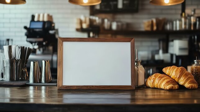 Blank advertising mockup board on counter bar for advertisement with croissant
