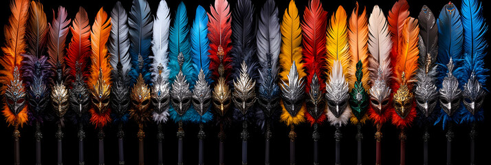 Ornate Feathered Masks, A Collection of Avian-Inspired Headwear, Adorned with Exquisite Detail and Vibrant Colors.