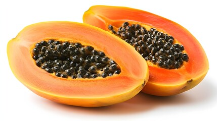 Two halves of a ripe papaya showing seeds