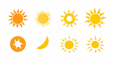 Sunshine Icon Set,  Bright Yellow Sun and Moon Graphics for Summer Designs, Websites, and Applications. Diverse shapes of sun and moon illustrations.