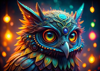 Naklejka premium Macro Neon Owl Digital Art: Glowing Cybernetic Feathers - Stock Photo