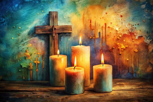 Macro Photo: Burning Candles & Wooden Cross Watercolor Illustration - All Saints' Day, Easter, Christmas