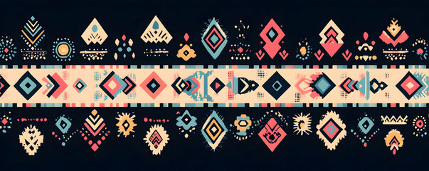 Geometric Tribal Pattern, Vibrant Ethnic Design with Bold Shapes and Colors, featuring Indigenous Art Inspired Motifs Repeated Horizontally.