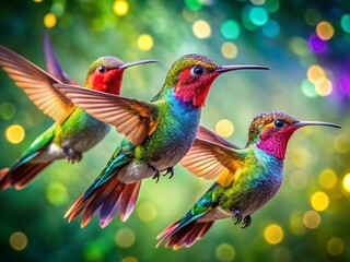 Fototapeta premium Macro Photography: Four Hummingbirds in Flight, Vibrant Feathers, Nature Close-Up