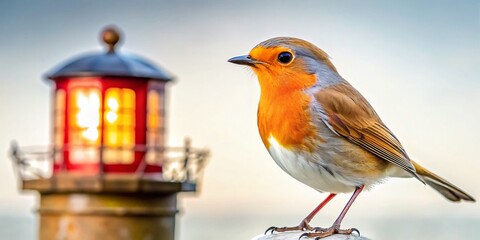 Fototapeta premium Macro Photography: Lighthouse, Wild Robin, Isolated on White Background