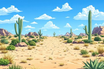 Fototapeta premium A vibrant desert landscape featuring tall cacti and rocky formations under a bright blue sky with fluffy clouds.