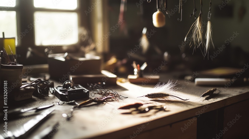 Poster a serene fly tying setup with hooks and feathers meticulously arranged, a quiet workspace with natur