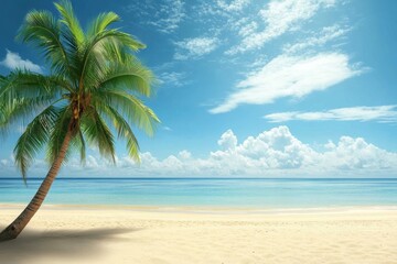 Relaxing tropical beach with palm trees and clear blue skies under sunlight