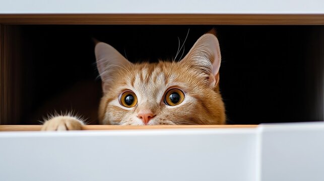 ginger domestic cat hiding in dresser drawer. cat peeking out of closet drawer. a timid cat hides from people. big cat eyes