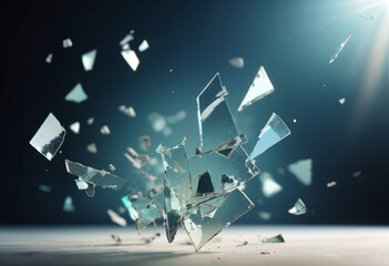 background of broken pieces of glass turned at different angles, flying in space, reflecting glare of light