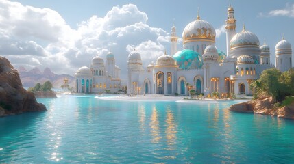 Naklejka premium A breathtaking digital rendering of a magnificent coastal mosque, gleaming white against a vibrant turquoise lake. The scene exudes serenity and grandeur.