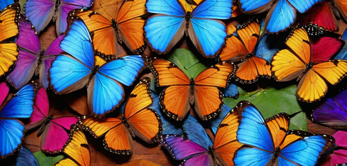 Colors of rainbow. Pattern of multicolored butterflies morpho, texture background.