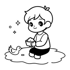 Adorable chibi boy is feeding ducks line art illustration
