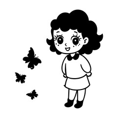 A cute chibi girl is playing with butterflies line art illustration