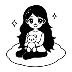 A cute chibi girl is holding a teddy bear line art illustration