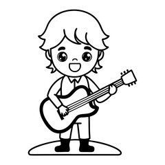 A cute chibi boy is playing the guitar line art illustration