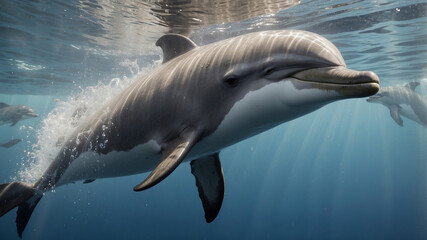 Naklejka premium Dolphins swimming gracefully in clear ocean waters showcasing their natural elegance and playfulness
