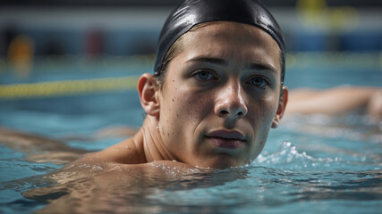 Close up of swimmer athlete training intensively in the pool during an afternoon session