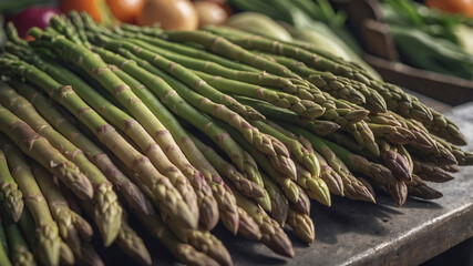Fresh organic asparagus and assorted vegetables at Vision XL Farm in a market setting showcasing local produce