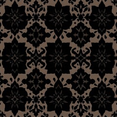 Fototapeta premium Dark Floral Damask Pattern: A timeless and elegant seamless pattern with intricate black floral designs on a brown background, perfect for textile, wallpaper, and interior design projects. 