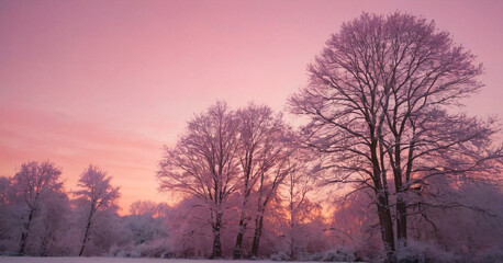 Frosty trees at a Moore in sunset with a pink sky in cold winter light