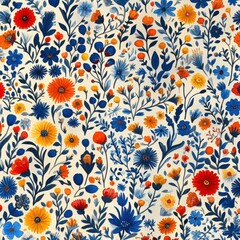 Obraz premium A vibrant floral pattern featuring an array of orange, blue, and yellow flowers on a cream background, creating a cheerful and lively atmosphere.