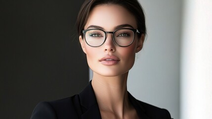 Fototapeta premium Confident Young Woman in Black Blazer and Glasses Posing Elegantly
