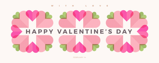 Modern concept of Happy Valentines Day greeting card. Abstract art design with hearts and typography. Template for  invitation, cover, banner, poster, celebration, flyer. Vector illustration.