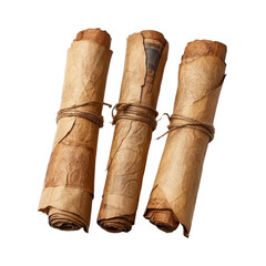 Ancient scrolls wrapped in aged paper with twine arranged on a neutral background