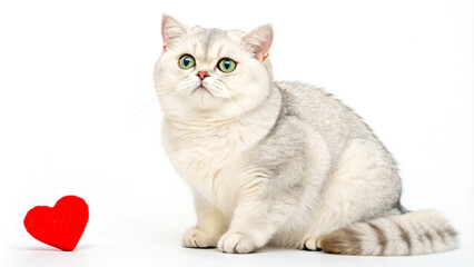 Obraz premium A cat with expressive eyes on a white background and a red heart next to it. The heart symbolizes love and creates a festive mood.