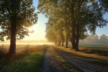 Obraz premium Morning sunlight illuminates a peaceful dirt road lined with trees in a rural setting