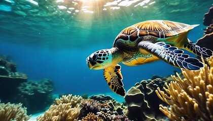 Fototapeta premium Ocean Glide: The Graceful Dance of the Sea Turtle