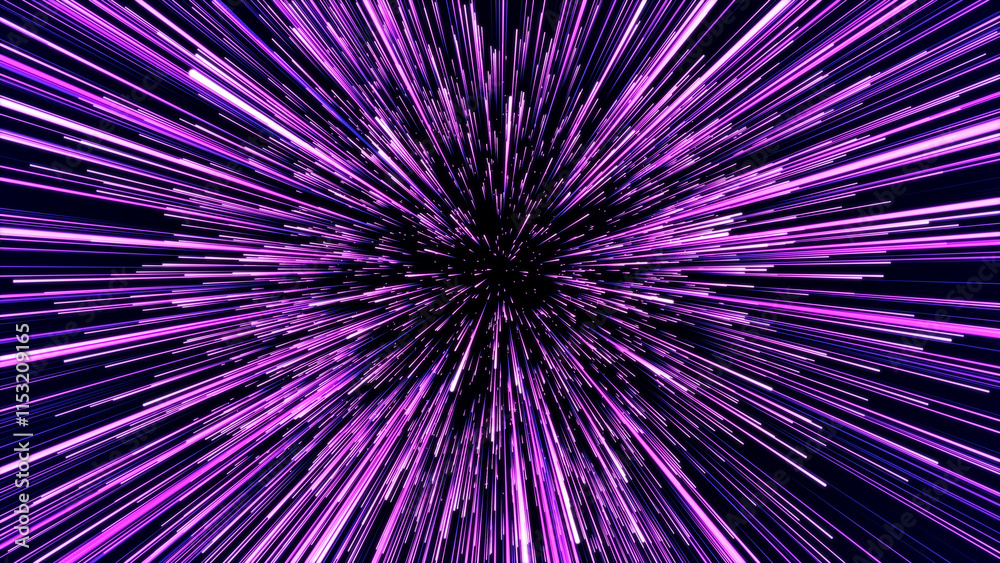 Poster Abstract blue hyper jump. Digital hyperspace with flow of bright particles. Beams motion in galaxy. Big stars explosion. Space glowing tunnel moving at the speed of light. 3d rendering.