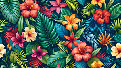 Vibrant Tropical Floral Pattern with Hibiscus Flowers and Lush Green Leaves