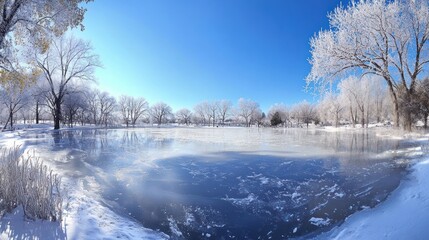 A serene winter landscape featuring a frozen pond surrounded by frosty trees and clear blue sky.