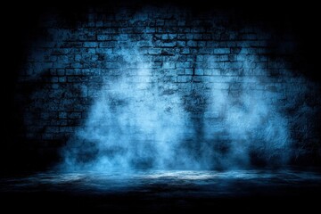 Naklejka premium Mysterious dark blue backdrop with fog effects, creating an atmospheric scene perfect for dramatic presentations or artistic displays.