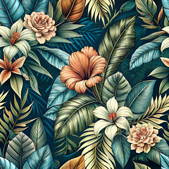 Tropical Floral Pattern. Lush Green Leaves and Exotic Flowers