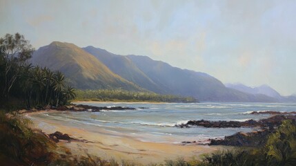 Serene Coastal Scene With Palm Trees And Mountains