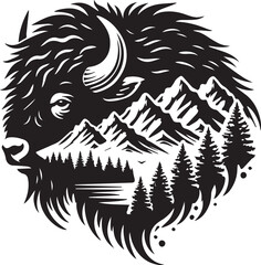 A bison head silhouette merged with mountain landscape elements