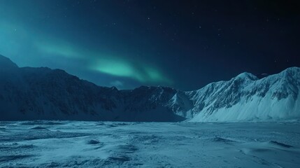 A serene winter landscape illuminated by the aurora borealis in a starry night sky.