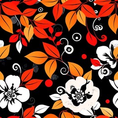 Floral Symphony in Red, Orange, and White: A captivating seamless pattern featuring stylized flowers and leaves in vibrant red, orange, and white against a deep black background.