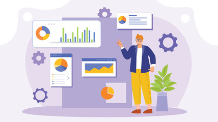 An illustration concept of an interactive data dashboard, featuring dynamic charts, graphs, and real-time data updates on a sleek digital interface, showcasing user engagement and data analysis.