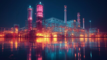 pink, green and blue light hologram of power station