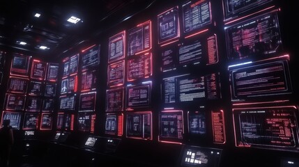 Futuristic digital wall with glowing data screens.