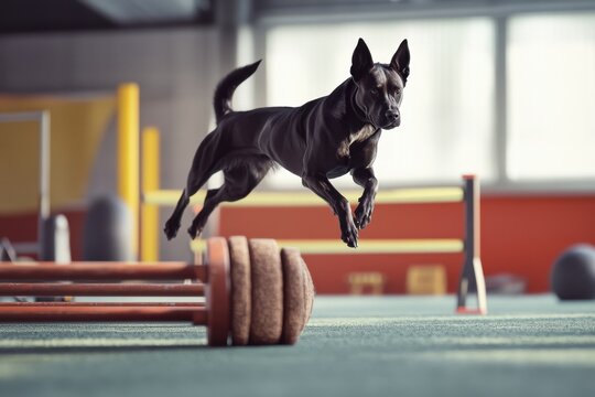 Dog performs agility jump over training equipment in indoor facility during daytime